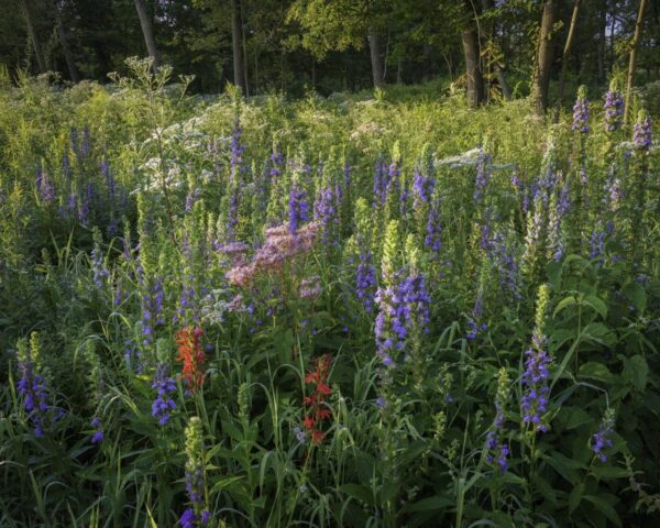 Early morning sunlight on blooming cardinal flower and great blue lobelia in a prairie setting.