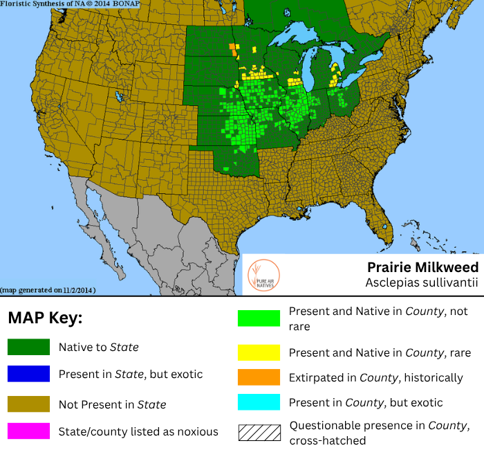 Asclepias sullivantii Prairie Milkweed Range Map