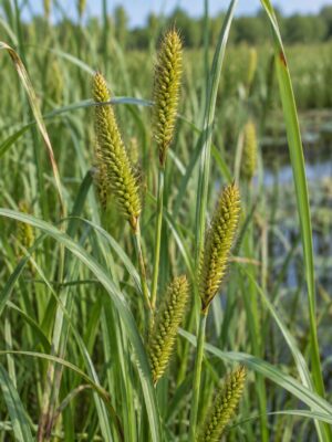 Common Lake Sedge (Carex lacustris) with several yellow-green, bristly seed heads among long green leaves in a wetland habitat
