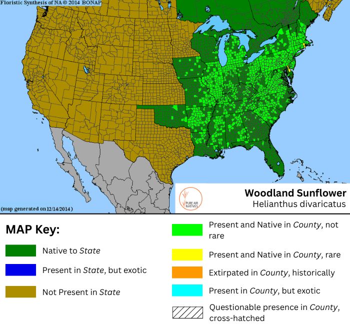 Woodland Sunflower native range map