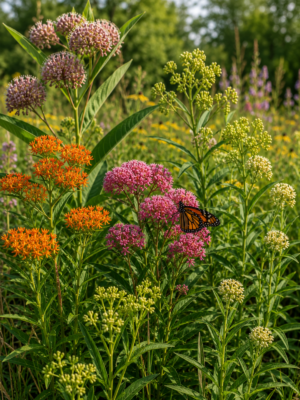 Monarch butterfly resting on pink swamp milkweed surrounded by butterfly, common, spider, and prairie milkweed in a sunny native prairie garden.